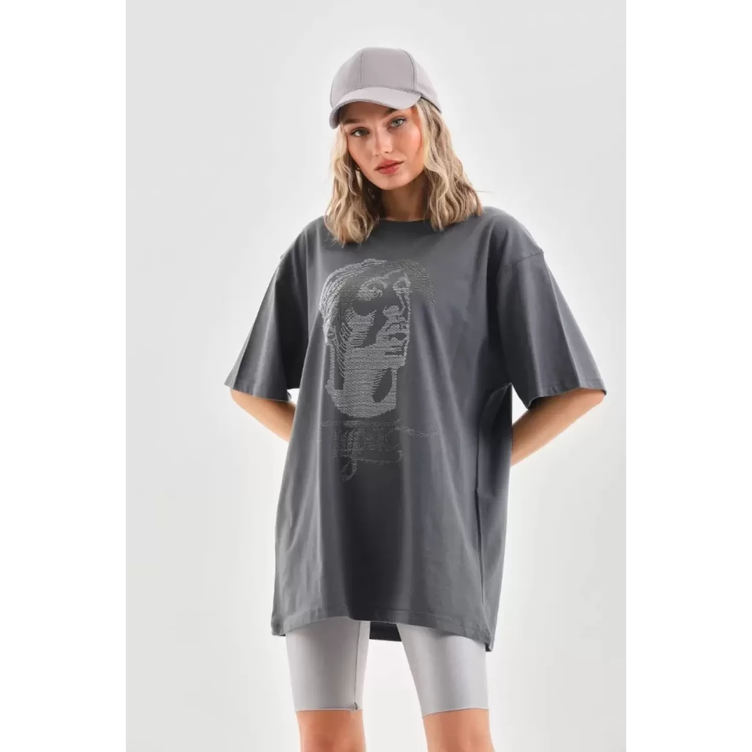 Lucky Life Unisex Taş Desenli Oversize T-Shirt - Füme