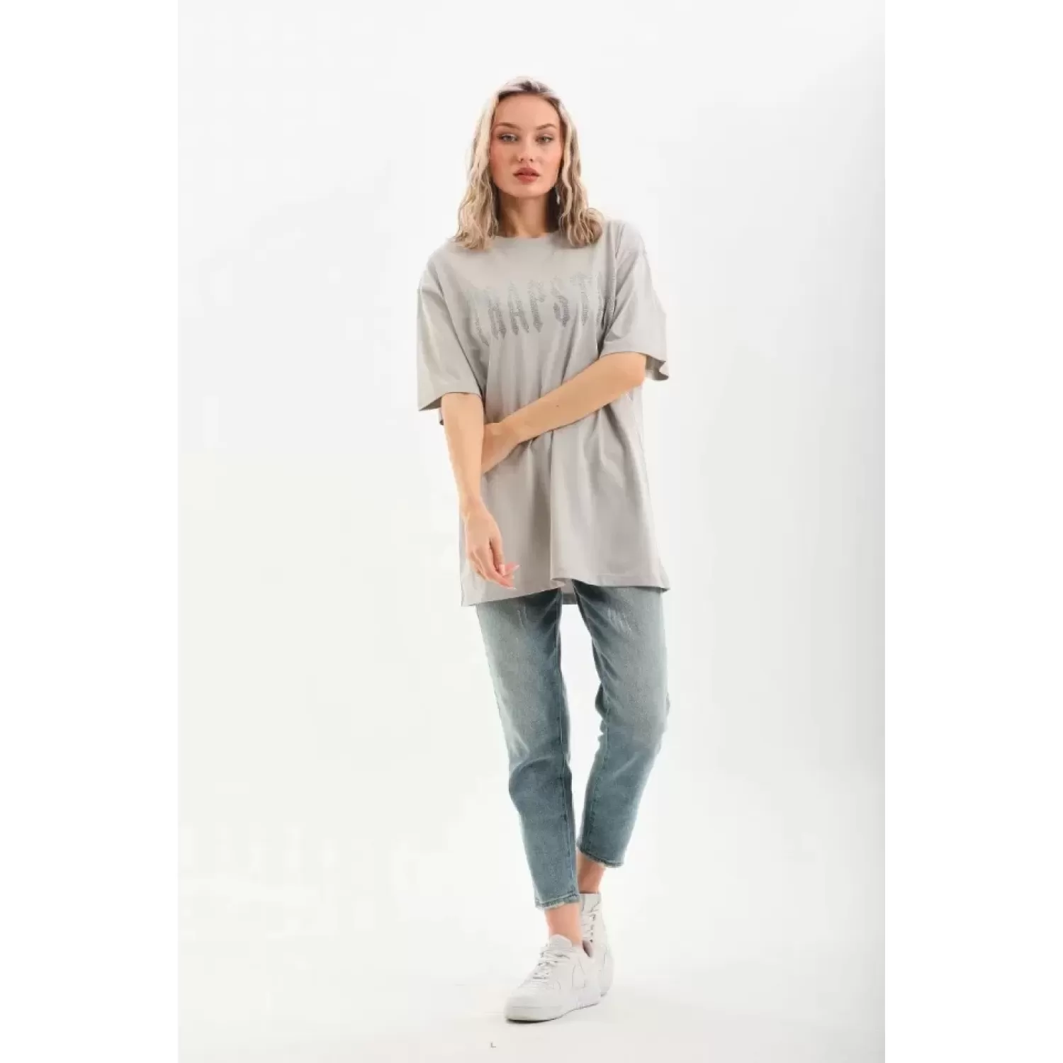 Lucky Life Unisex Taş Desenli Oversize T-Shirt - Gri