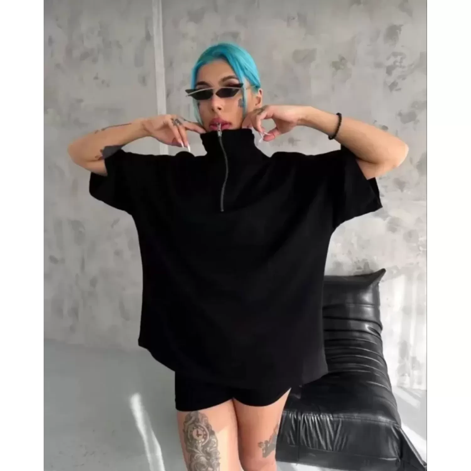 Lucky Life Unisex  Yarım Fermuarlı Düz Oversize T-Shirt - Siyah