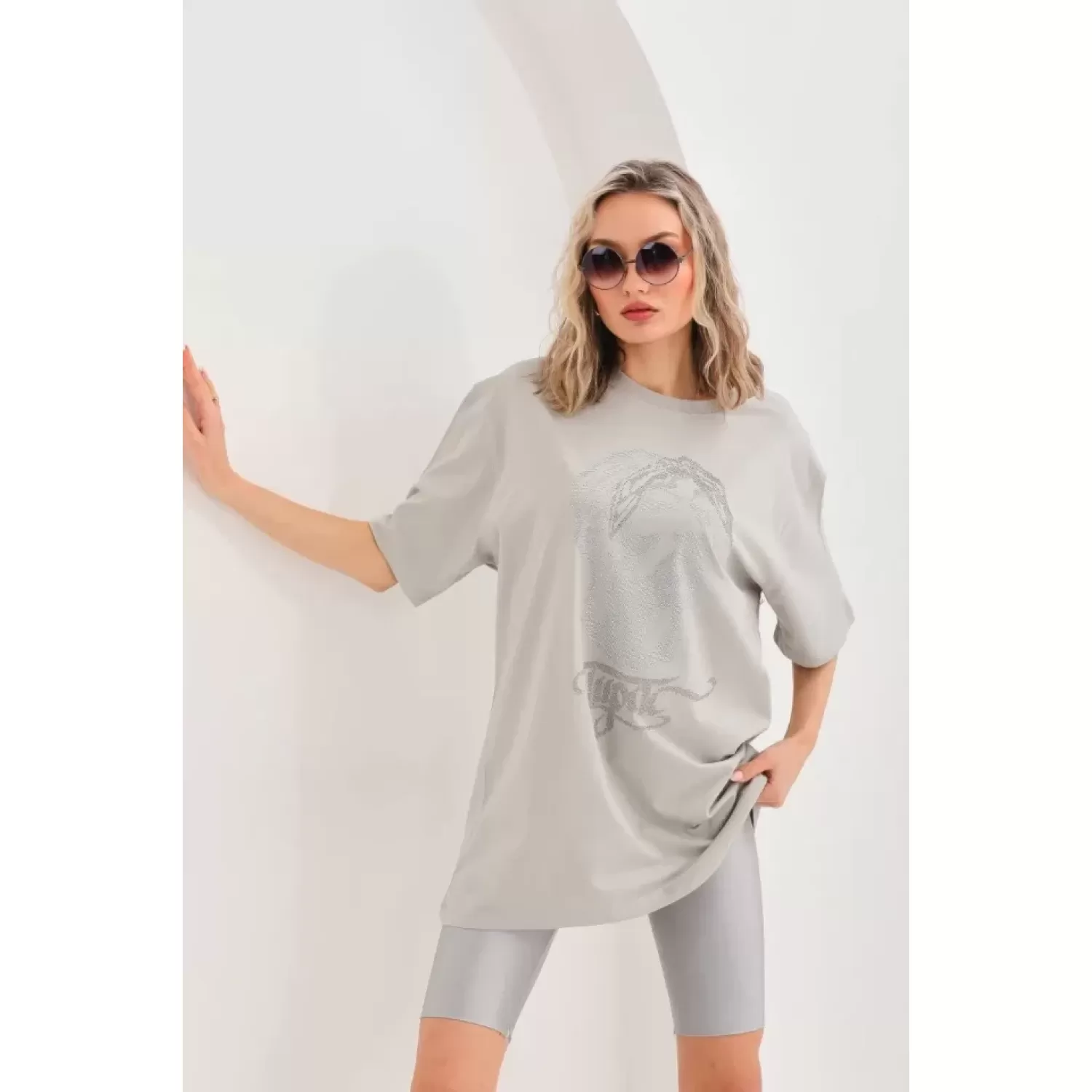 Lucky Life Unisex Taş Desenli Oversize T-Shirt - Gri