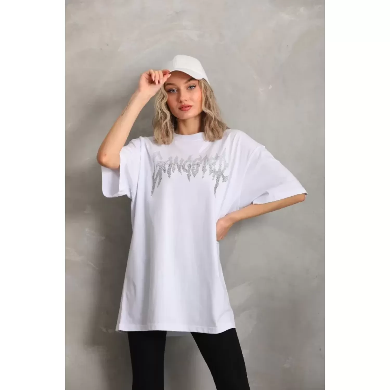Lucky Life Unisex Taş Desenli Oversize T-Shirt - Beyaz