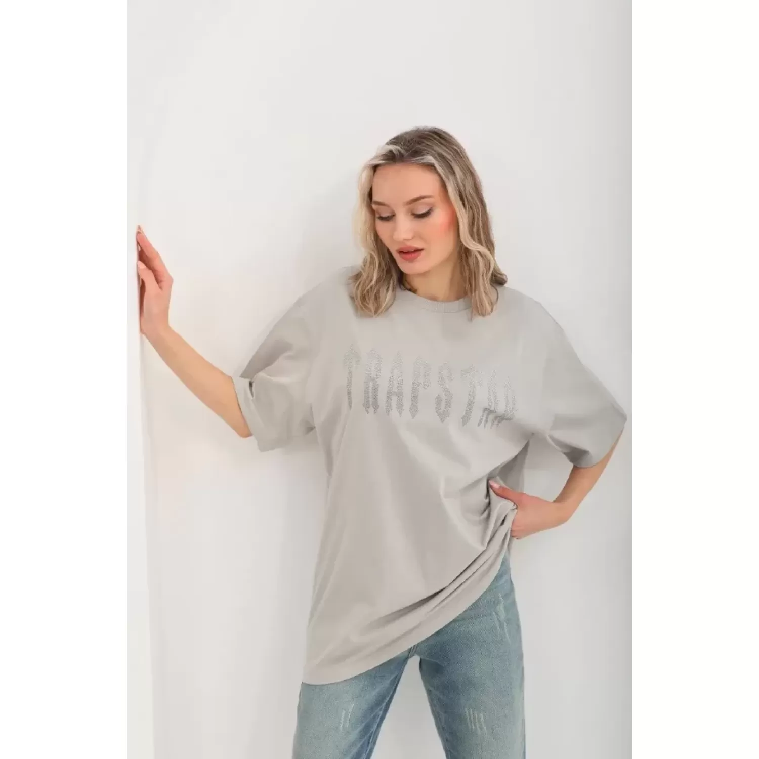 Lucky Life Unisex Taş Desenli Oversize T-Shirt - Gri