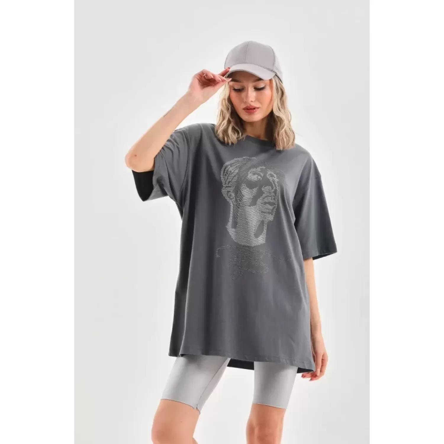 Lucky Life Unisex Taş Desenli Oversize T-Shirt - Füme