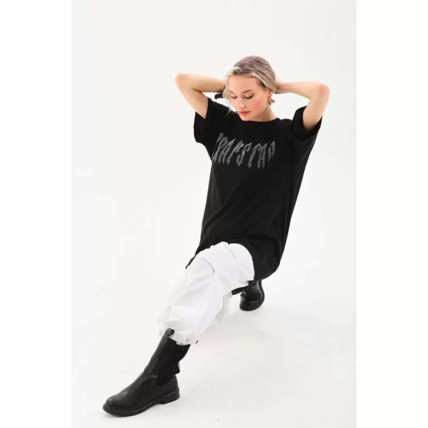 Lucky Life Unisex Taş Desenli Oversize T-Shirt - Siyah