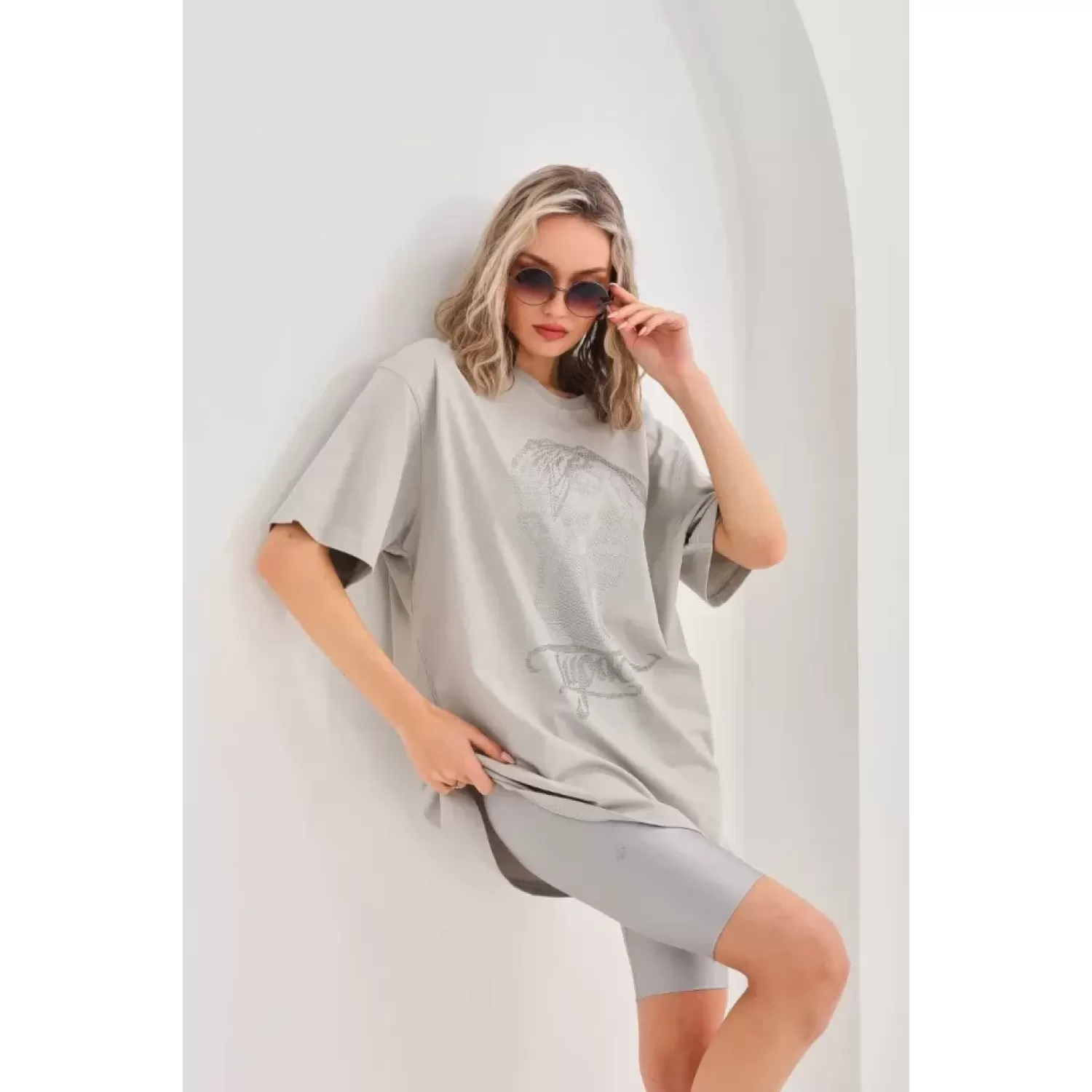 Lucky Life Unisex Taş Desenli Oversize T-Shirt - Gri
