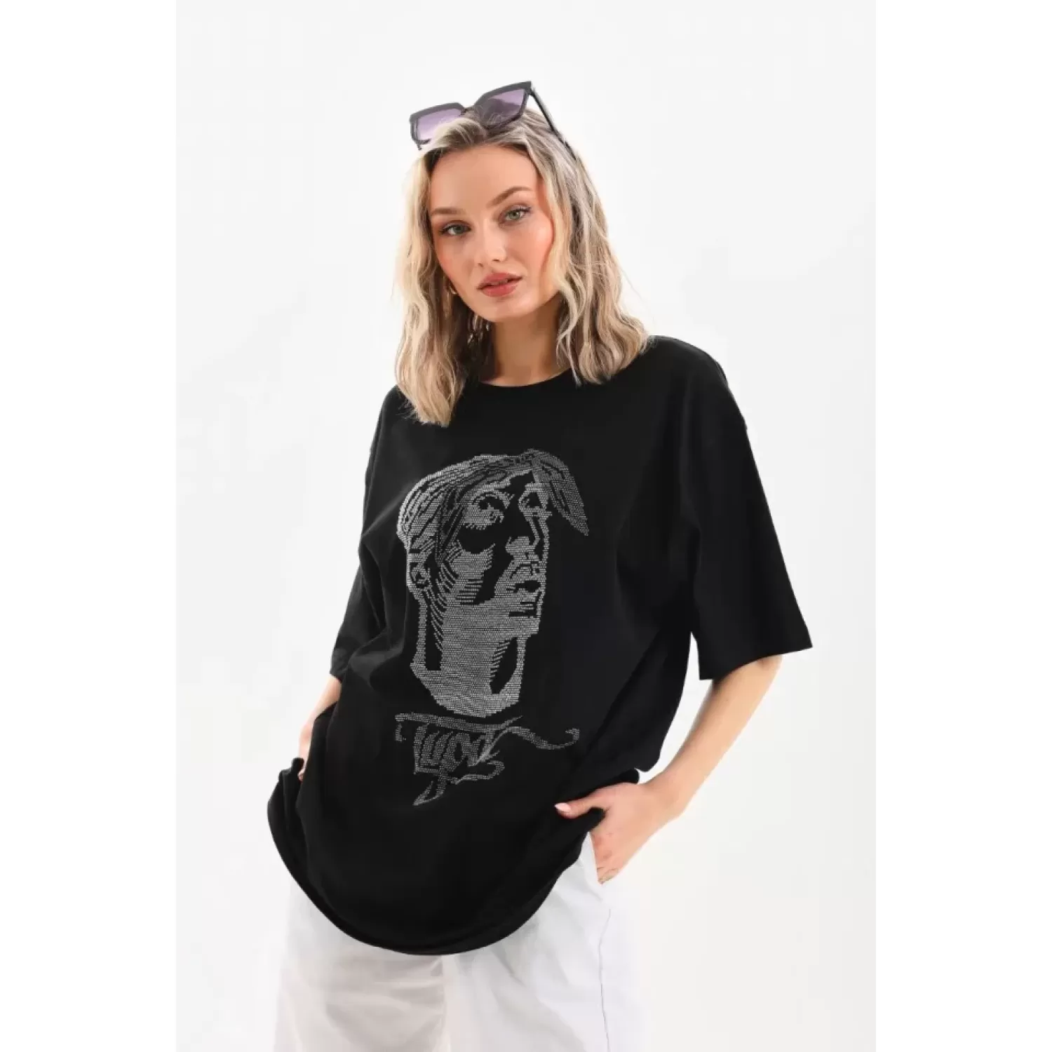 Lucky Life Unisex Taş Desenli Oversize T-Shirt - Siyah