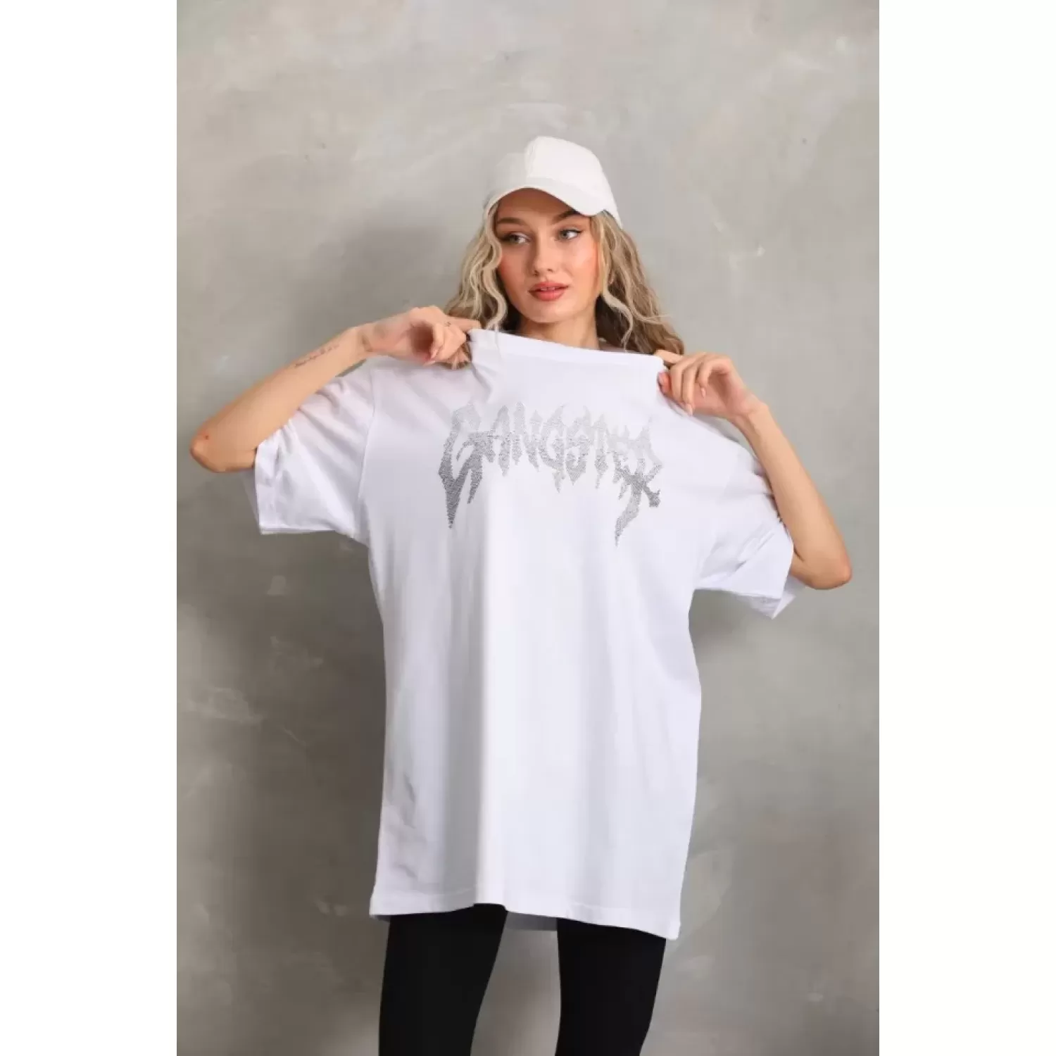 Lucky Life Unisex Taş Desenli Oversize T-Shirt - Beyaz
