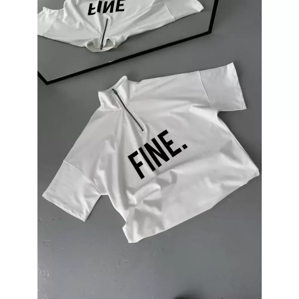 Lucky Life Unisex Baskılı Yarım Fermuarlı T-Shirt - Beyaz
