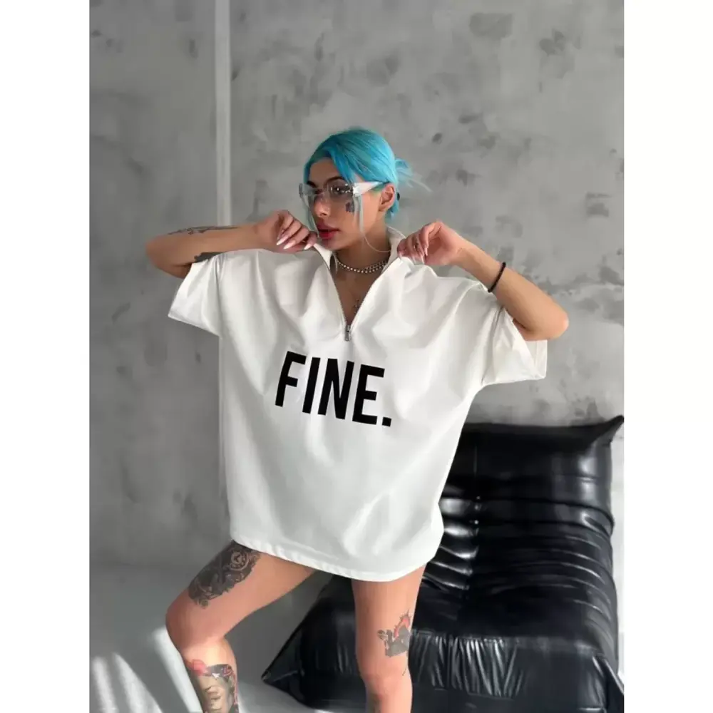 Lucky Life Unisex Baskılı Yarım Fermuarlı T-Shirt - Beyaz