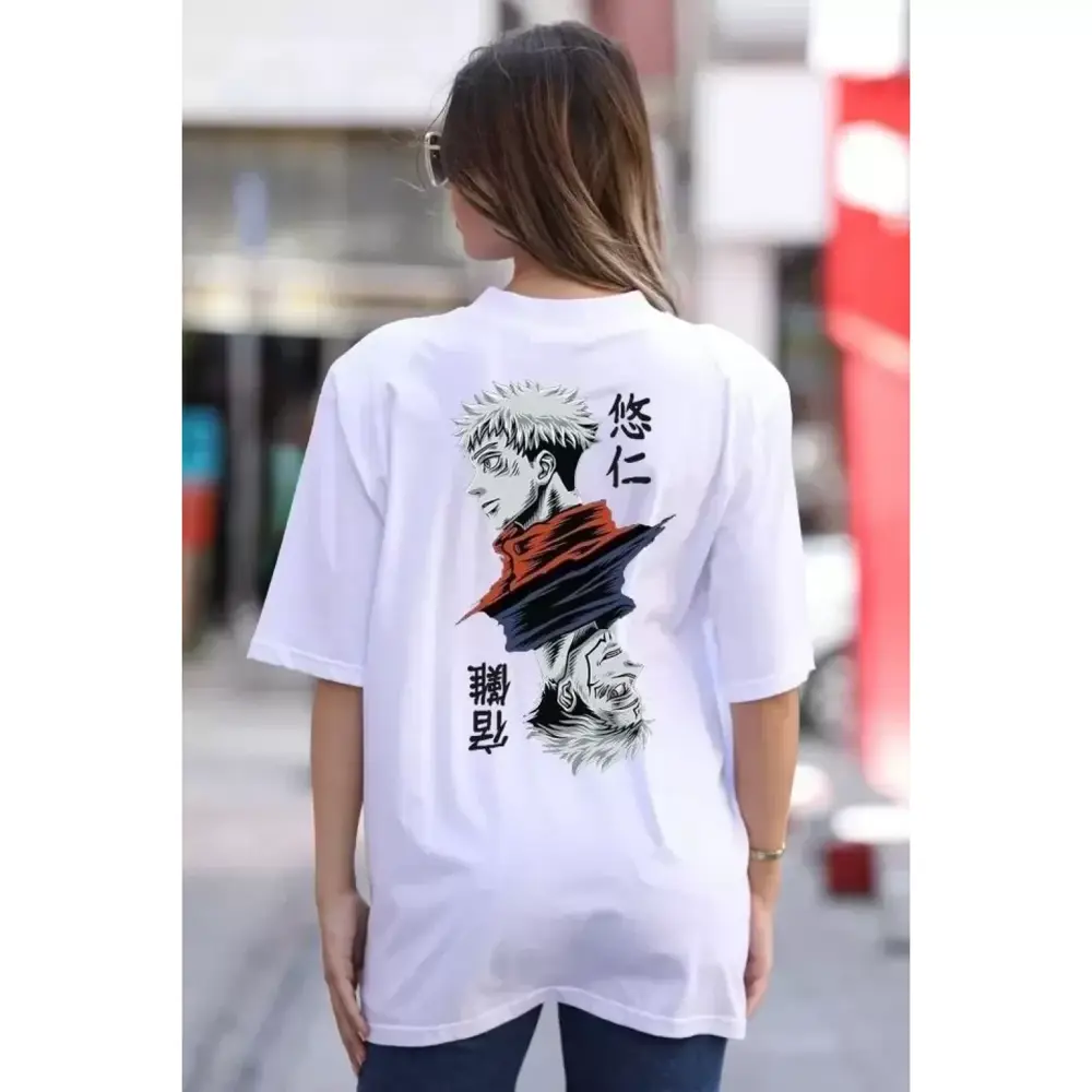 Lucky Life Unisex Bisiklet Yaka Baskılı Oversize T-Shirt - Beyaz