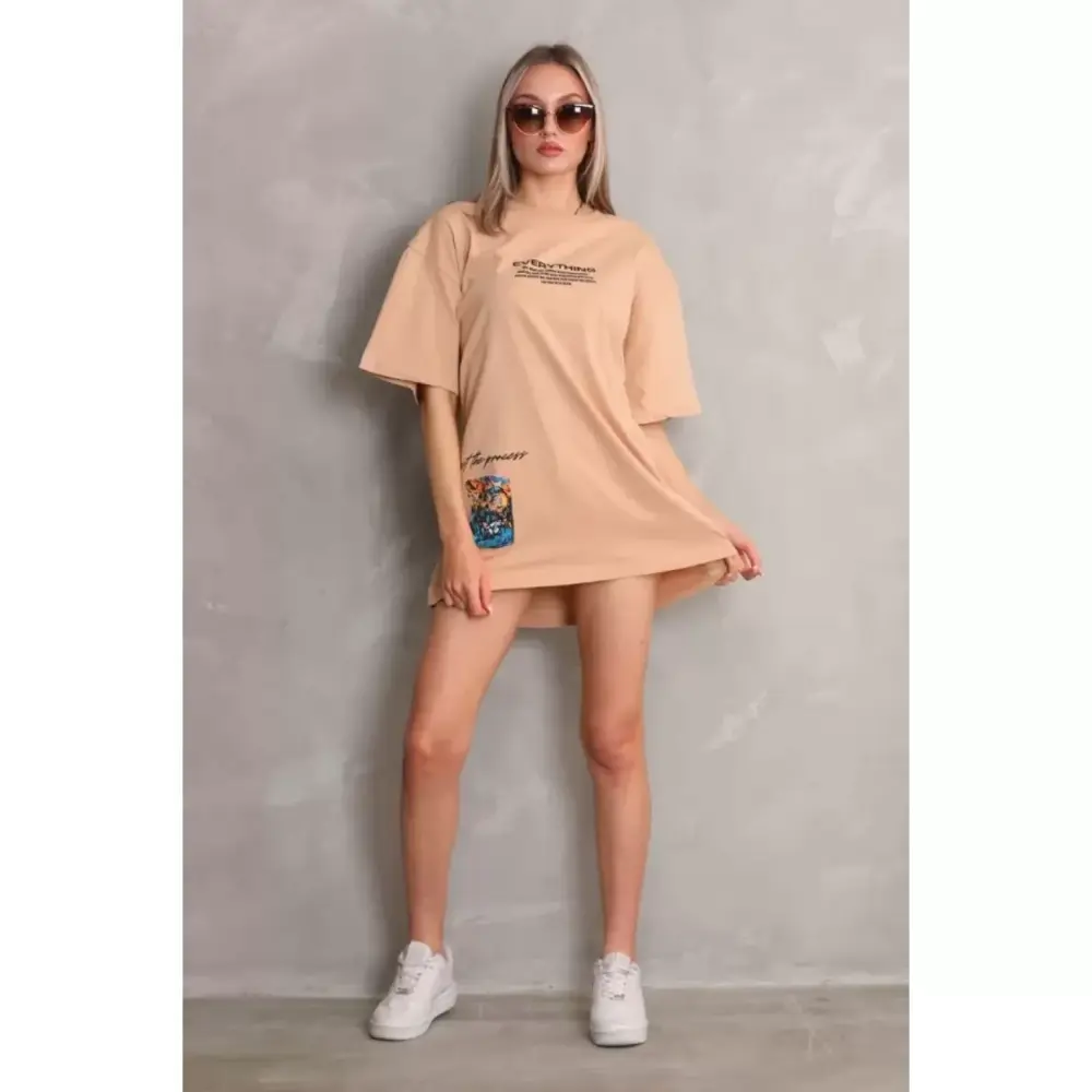 Lucky Life Unisex Bisiklet Yaka Baskılı Oversize T-Shirt - Bej