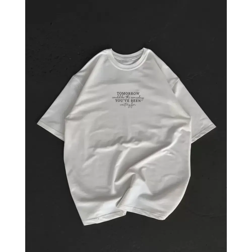 Lucky Life Unisex Bisiklet Yaka Baskılı Oversize T-Shirt - Beyaz
