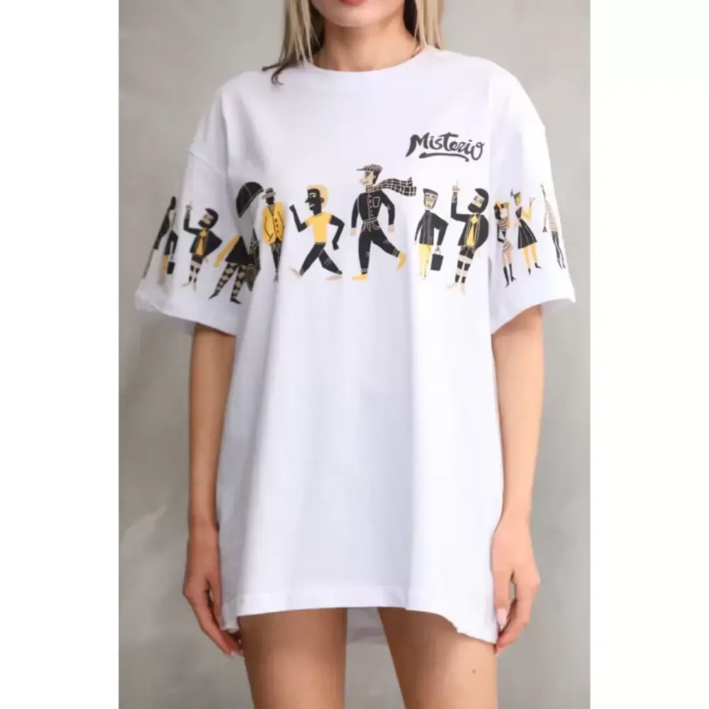Lucky Life Unisex Bisiklet Yaka Baskılı Oversize T-Shirt - Beyaz