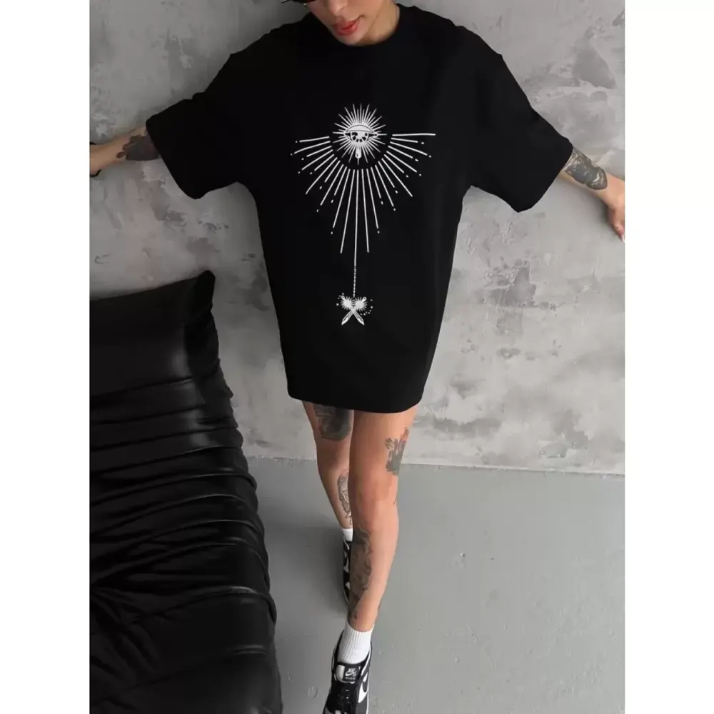 Lucky Life Unisex Bisiklet Yaka Baskılı Oversize T-Shirt - Siyah