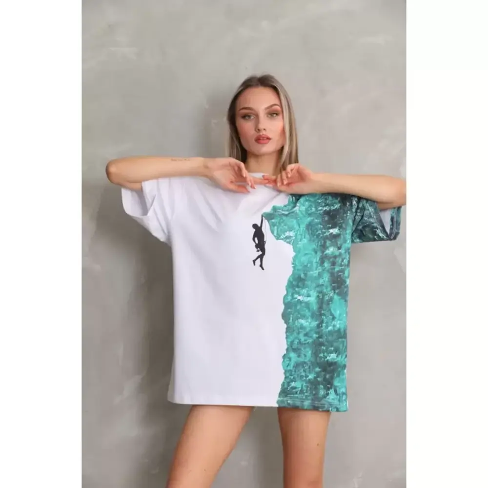 Lucky Life Unisex Bisiklet Yaka Baskılı Oversize T-Shirt - Beyaz