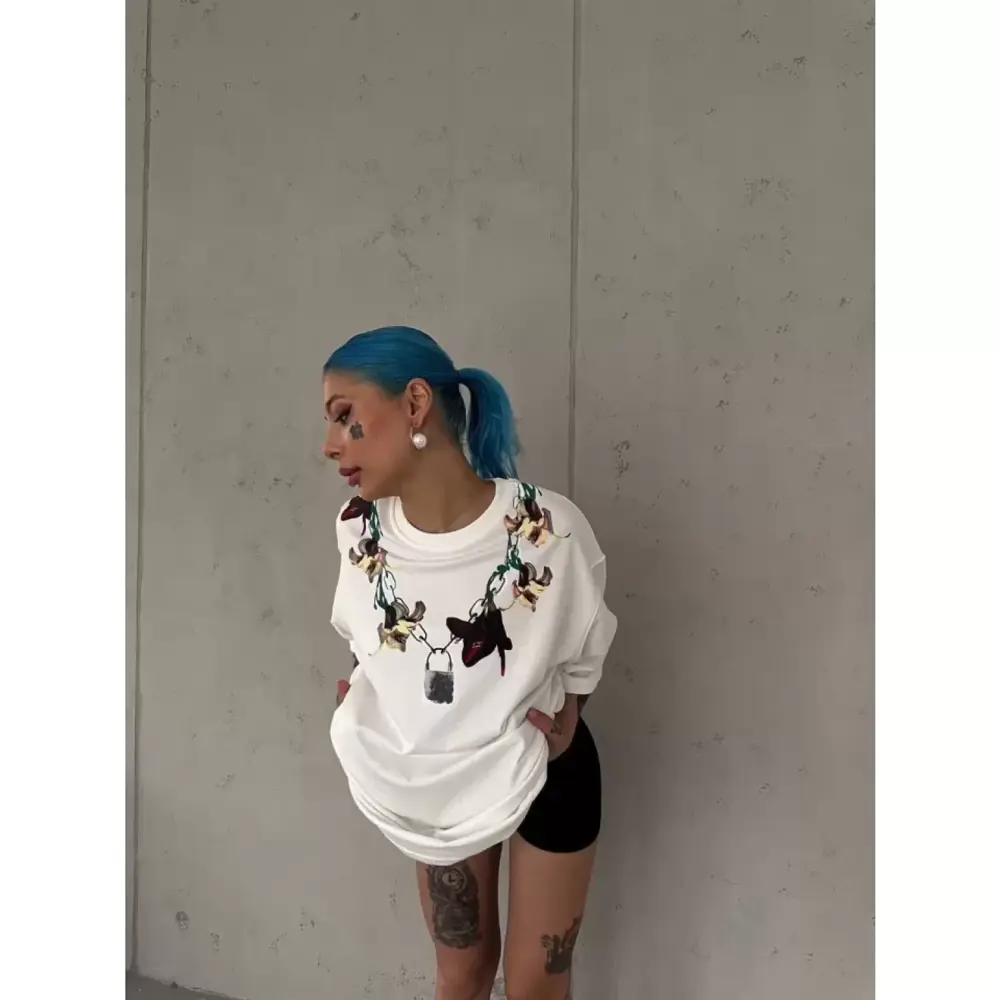 Lucky Life Unisex Bisiklet Yaka Baskılı Oversize T-Shirt - Beyaz
