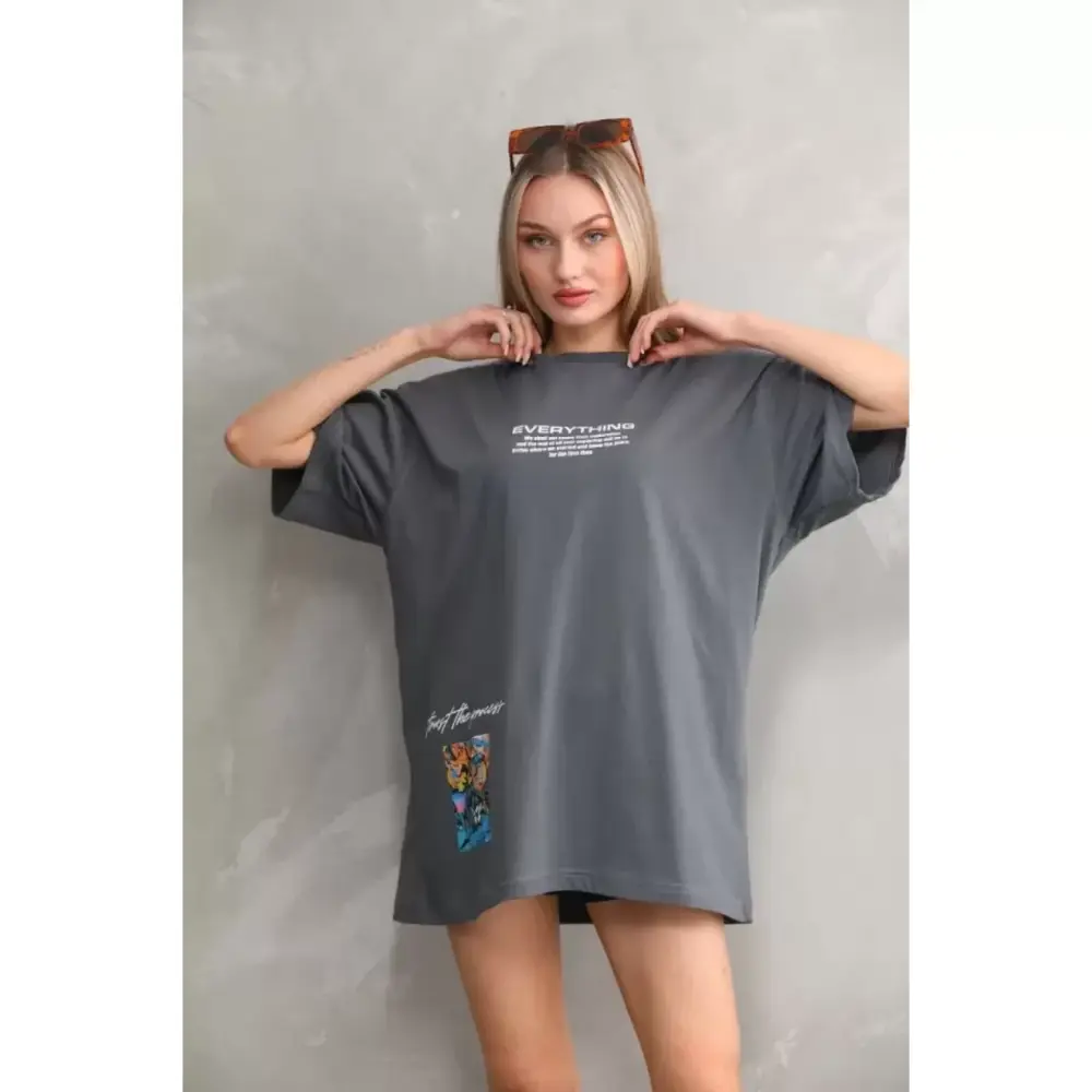 Lucky Life Unisex Bisiklet Yaka Baskılı Oversize T-Shirt - Gri