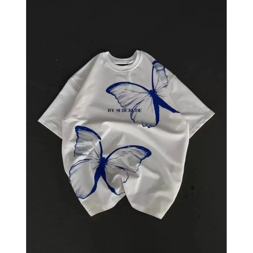 Lucky Life Unisex Bisiklet Yaka Baskılı Oversize T-Shirt - Beyaz