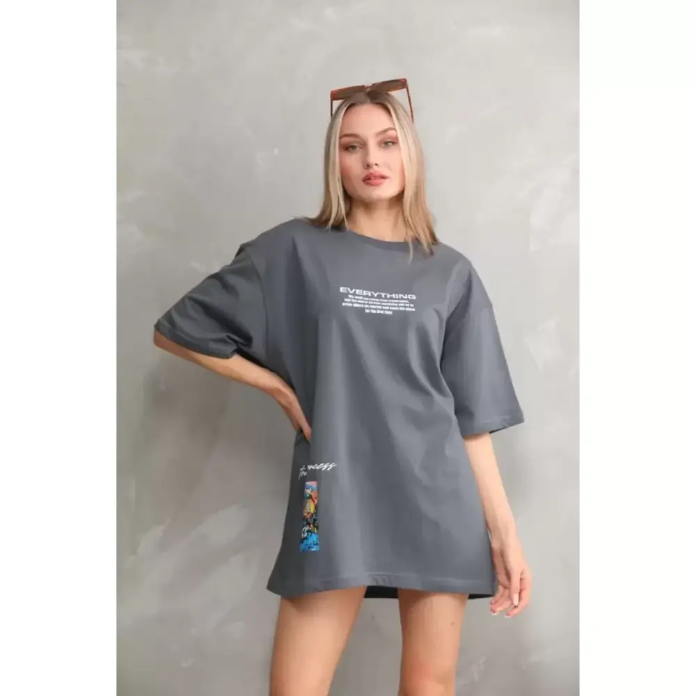Lucky Life Unisex Bisiklet Yaka Baskılı Oversize T-Shirt - Gri
