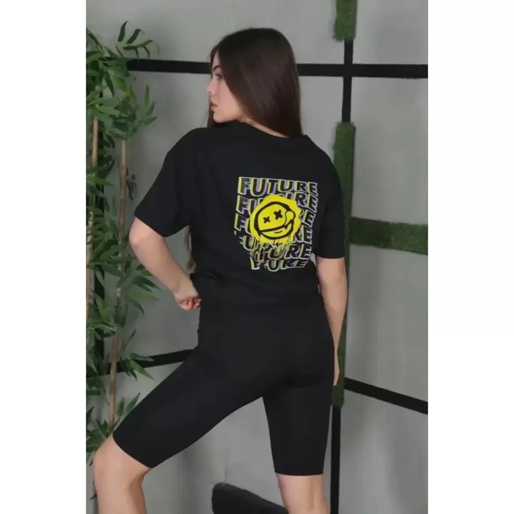 Lucky Life Unisex Bisiklet Yaka Baskılı Oversize T-Shirt - Siyah