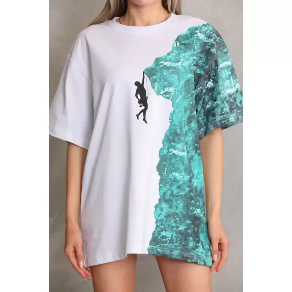 Lucky Life Unisex Bisiklet Yaka Baskılı Oversize T-Shirt - Beyaz