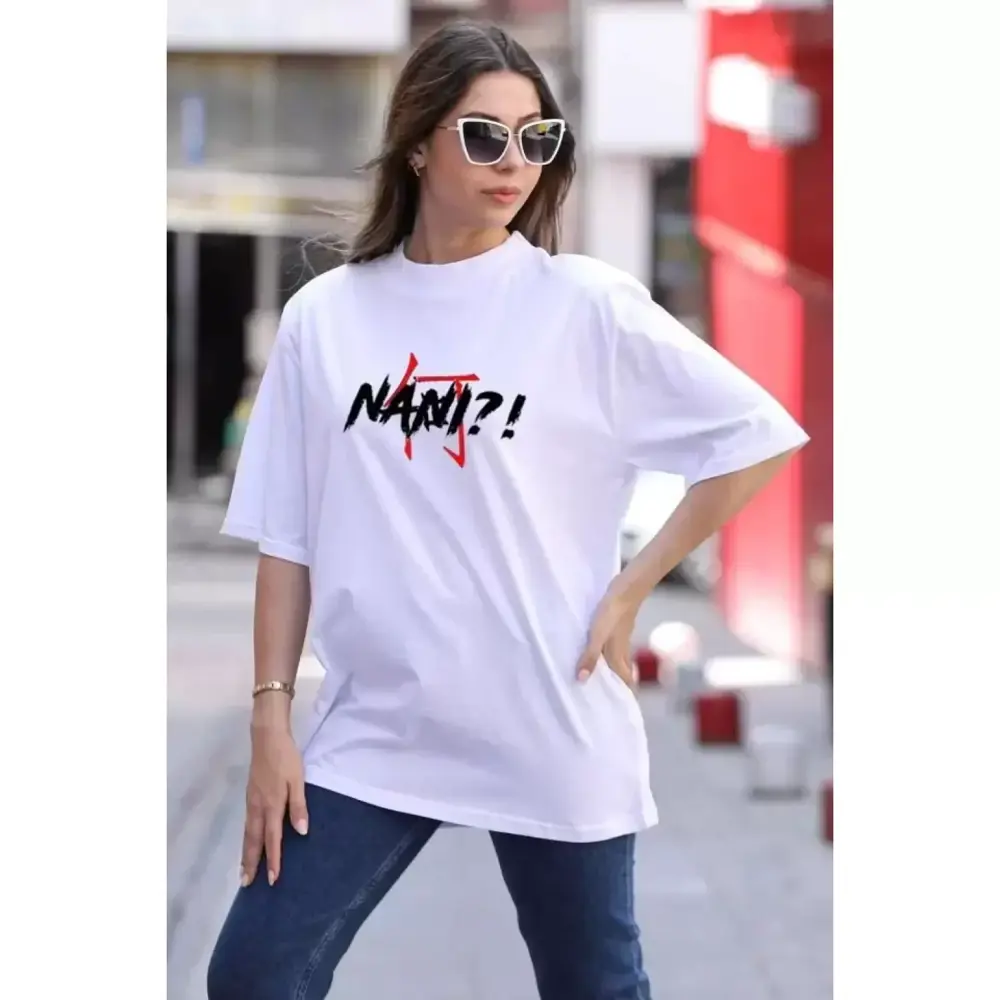Lucky Life Unisex Bisiklet Yaka Baskılı Oversize T-Shirt - Beyaz