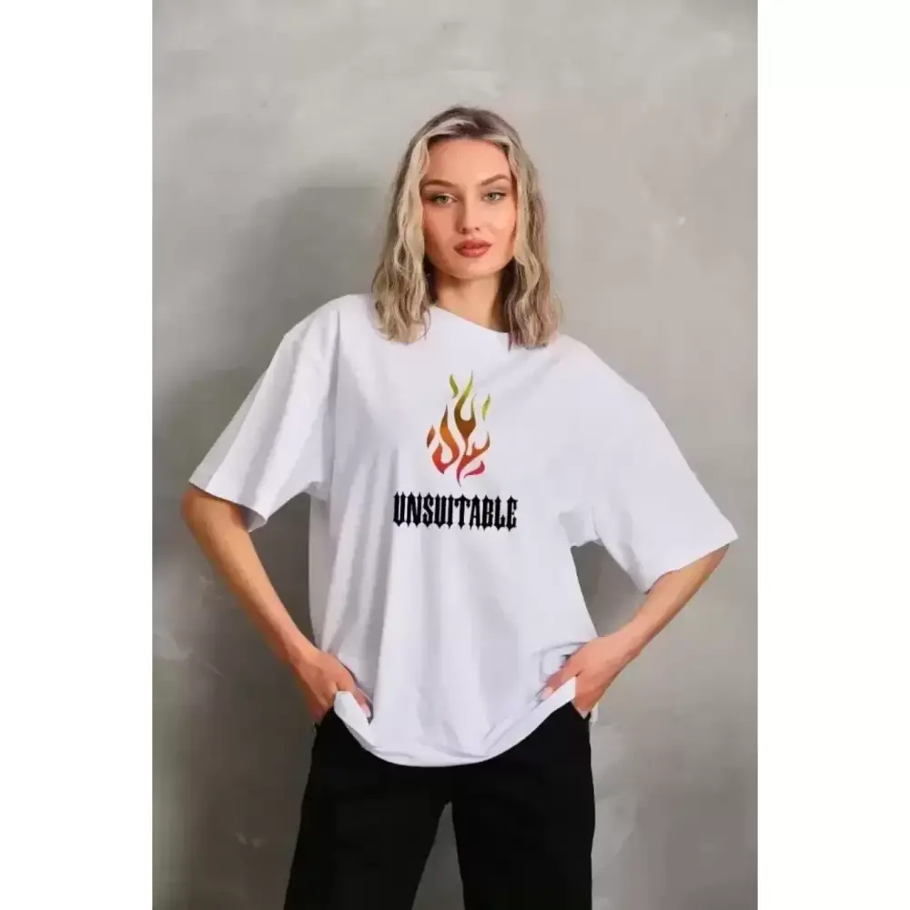 Lucky Life Unisex Bisiklet Yaka Baskılı Oversize T-Shirt - Beyaz