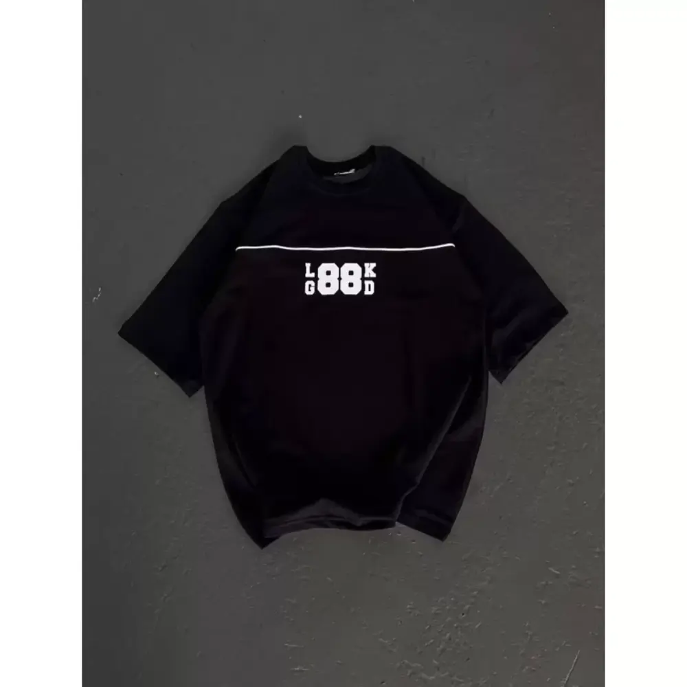 Lucky Life Unisex Bisiklet Yaka Baskılı Oversize T-Shirt - Siyah