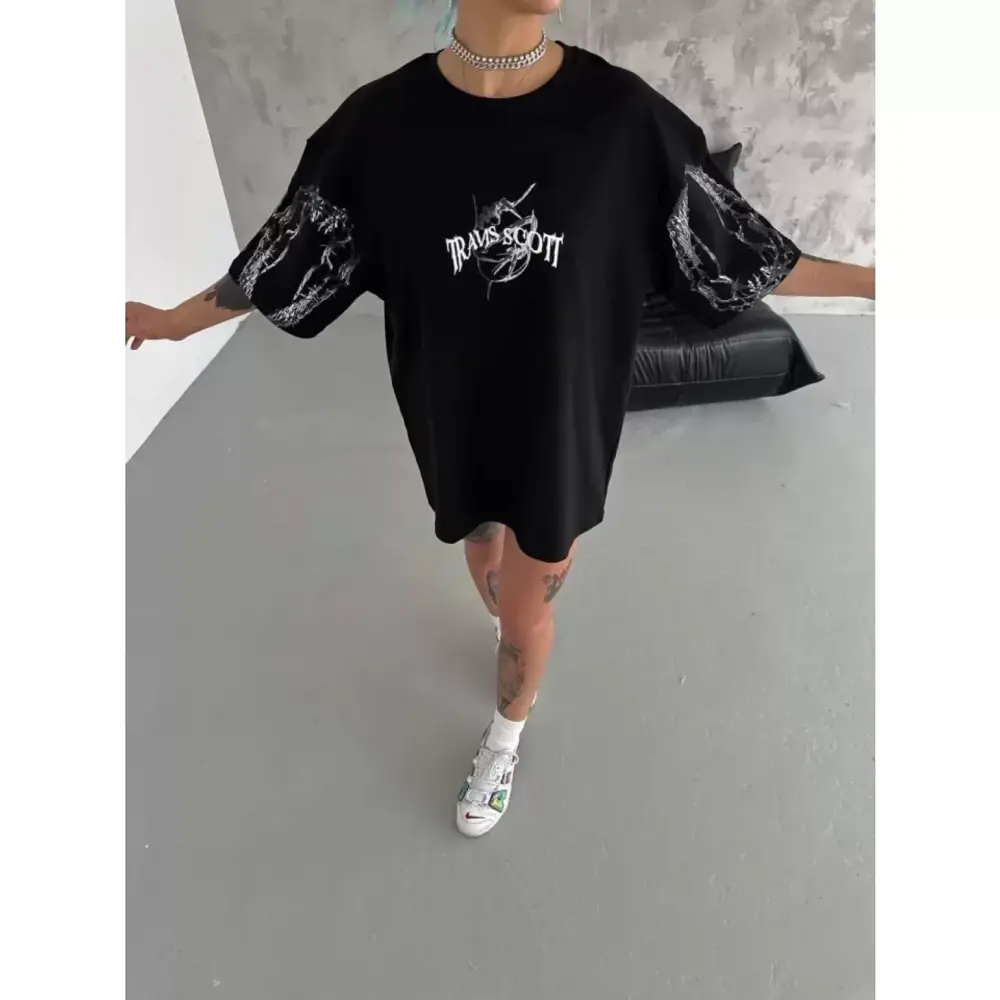 Lucky Life Unisex Bisiklet Yaka Baskılı Oversize T-Shirt - Siyah