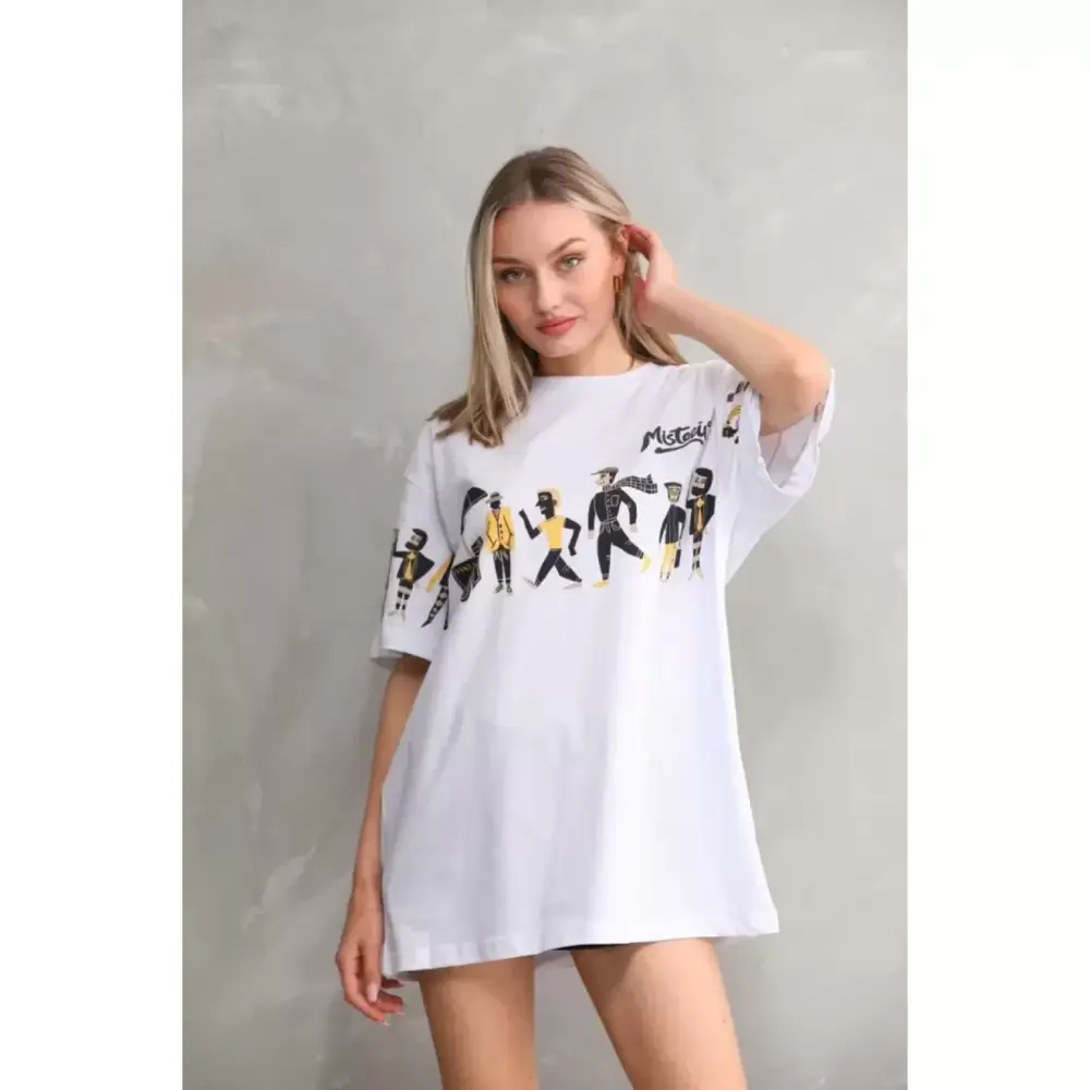 Lucky Life Unisex Bisiklet Yaka Baskılı Oversize T-Shirt - Beyaz