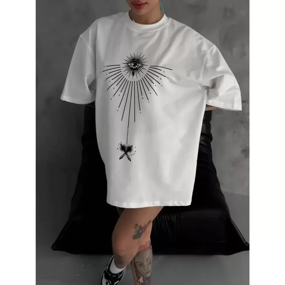 Lucky Life Unisex Bisiklet Yaka Baskılı Oversize T-Shirt - Beyaz