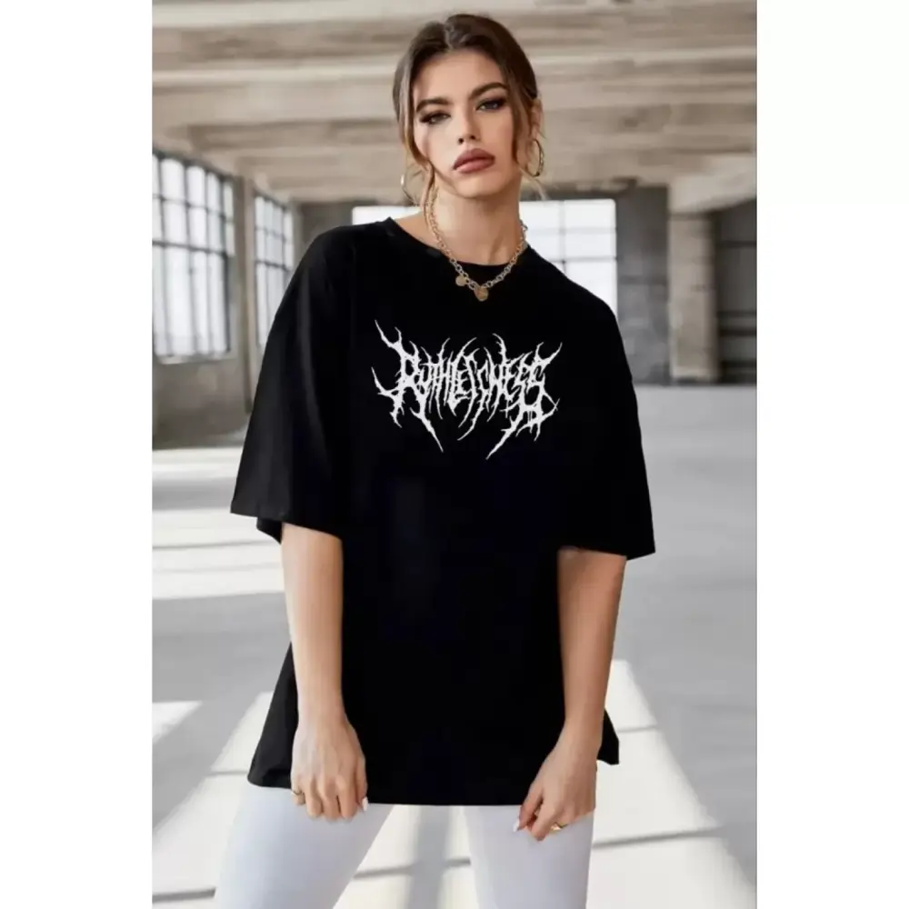 Lucky Life Unisex  Bisiklet Yaka Baskılı Oversize T-Shirt - Siyah