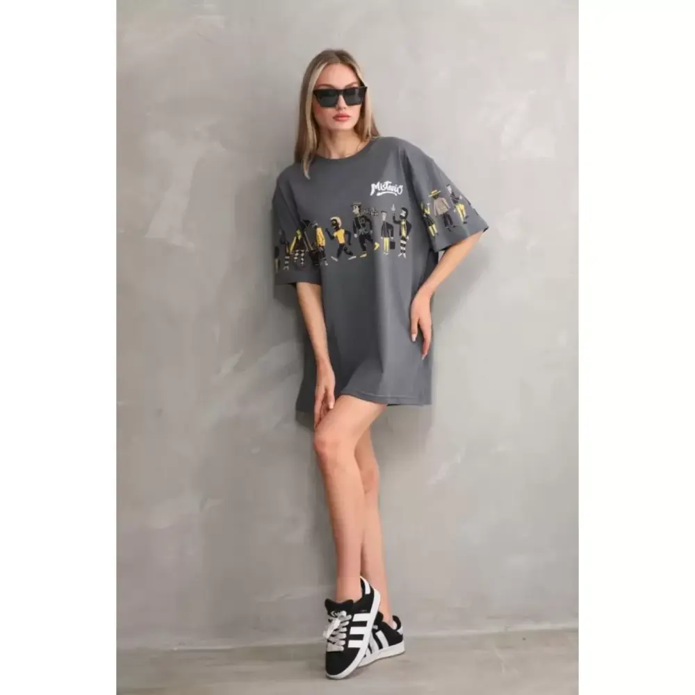 Lucky Life Unisex Bisiklet Yaka Baskılı Oversize T-Shirt - Gri