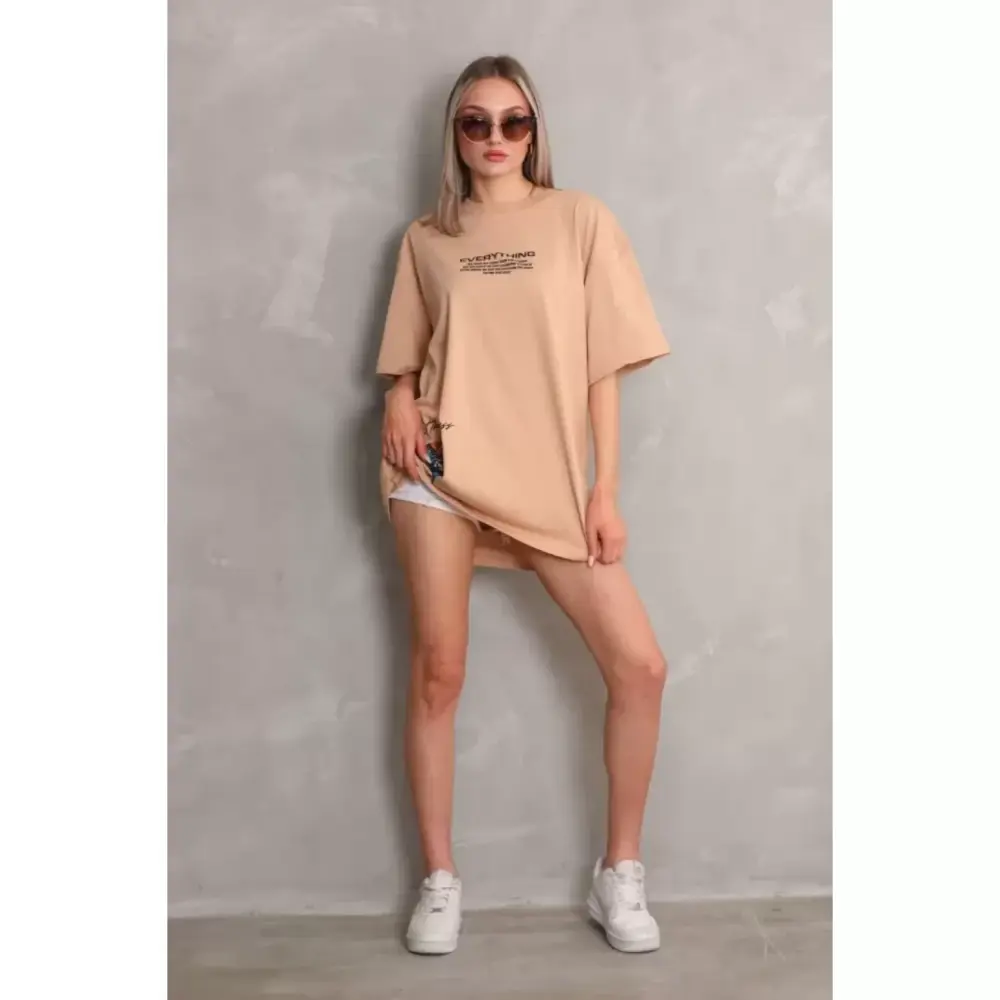 Lucky Life Unisex Bisiklet Yaka Baskılı Oversize T-Shirt - Bej