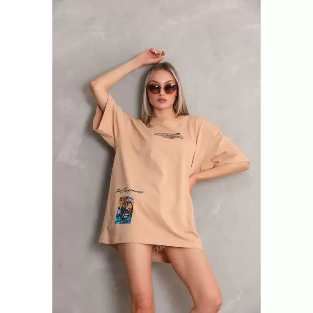 Lucky Life Unisex Bisiklet Yaka Baskılı Oversize T-Shirt - Bej