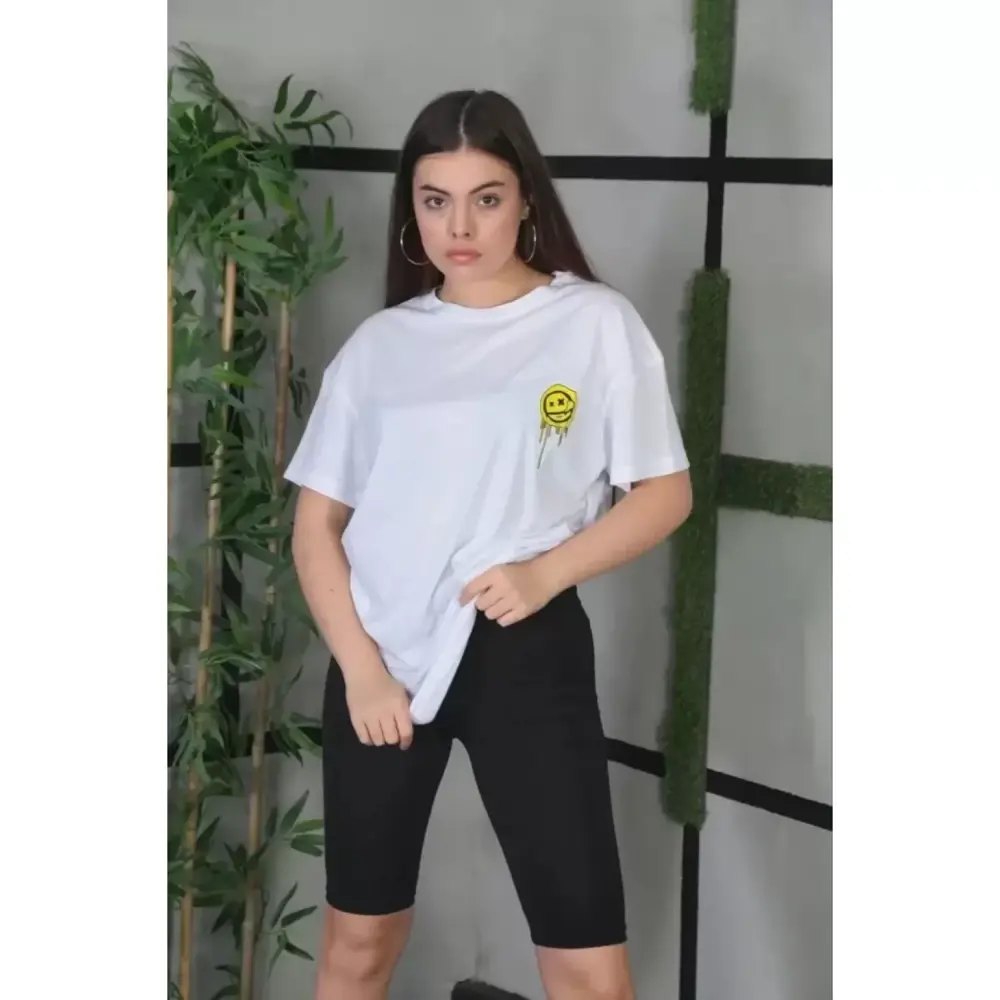 Lucky Life Unisex Bisiklet Yaka Baskılı Oversize T-Shirt - Beyaz