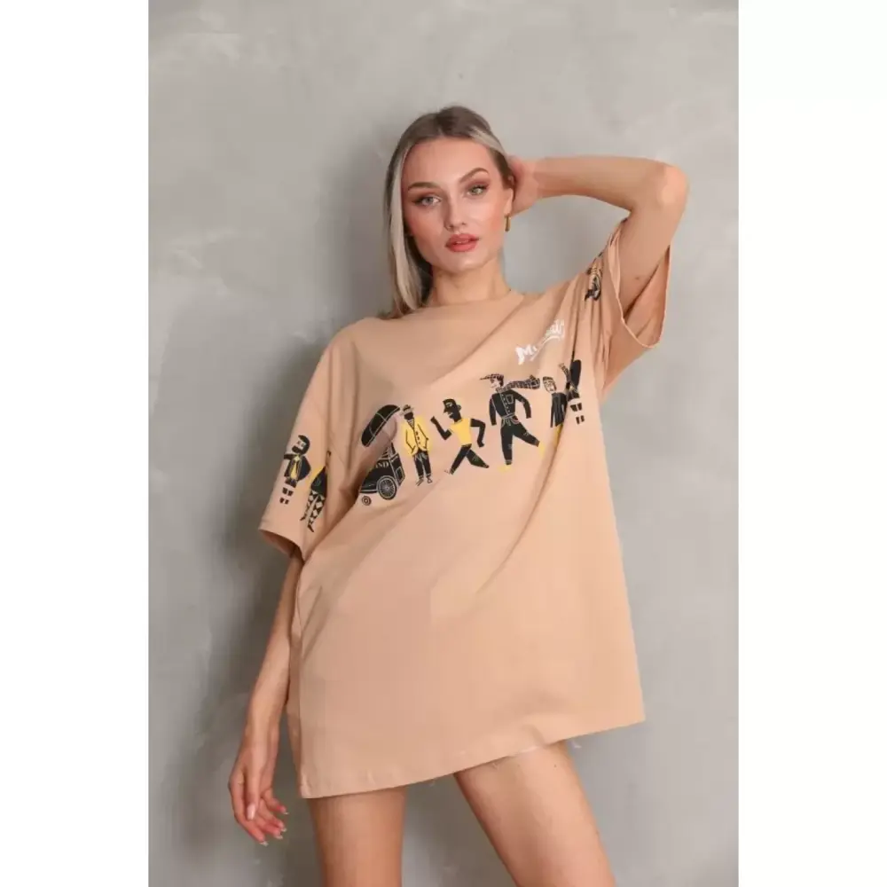 Lucky Life Unisex Bisiklet Yaka Baskılı Oversize T-Shirt - Bej