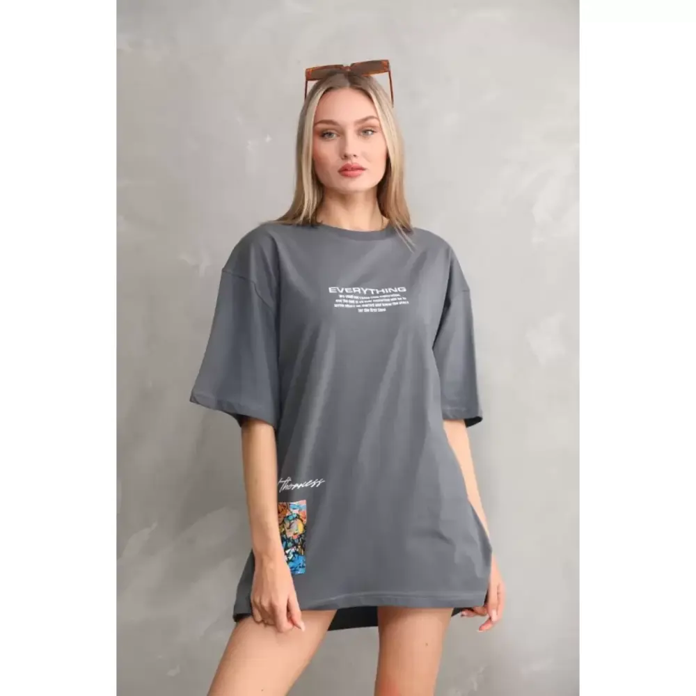 Lucky Life Unisex Bisiklet Yaka Baskılı Oversize T-Shirt - Gri