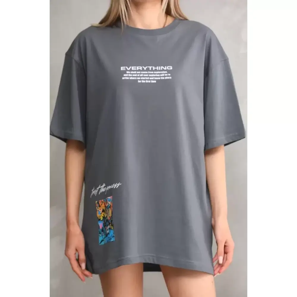 Lucky Life Unisex Bisiklet Yaka Baskılı Oversize T-Shirt - Gri