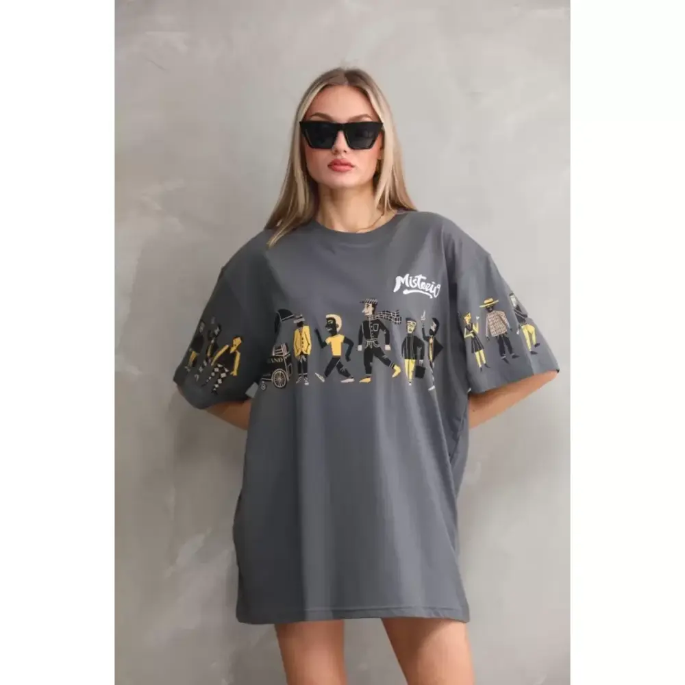 Lucky Life Unisex Bisiklet Yaka Baskılı Oversize T-Shirt - Gri