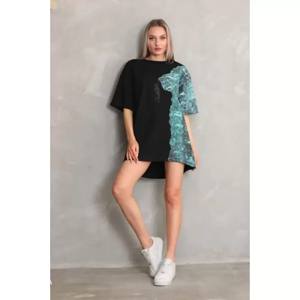 Lucky Life Unisex Bisiklet Yaka Baskılı Oversize T-Shirt - Siyah
