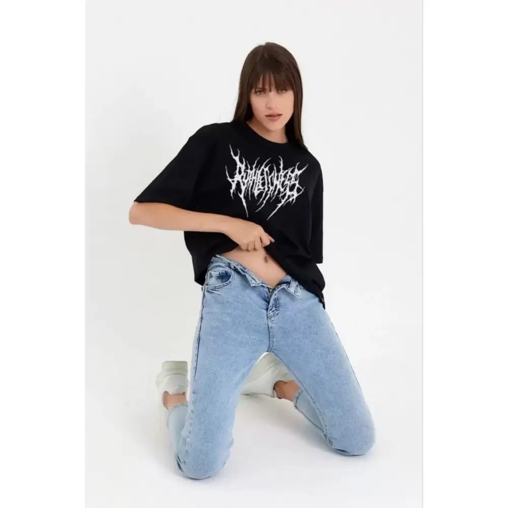 Lucky Life Unisex  Bisiklet Yaka Baskılı Oversize T-Shirt - Siyah