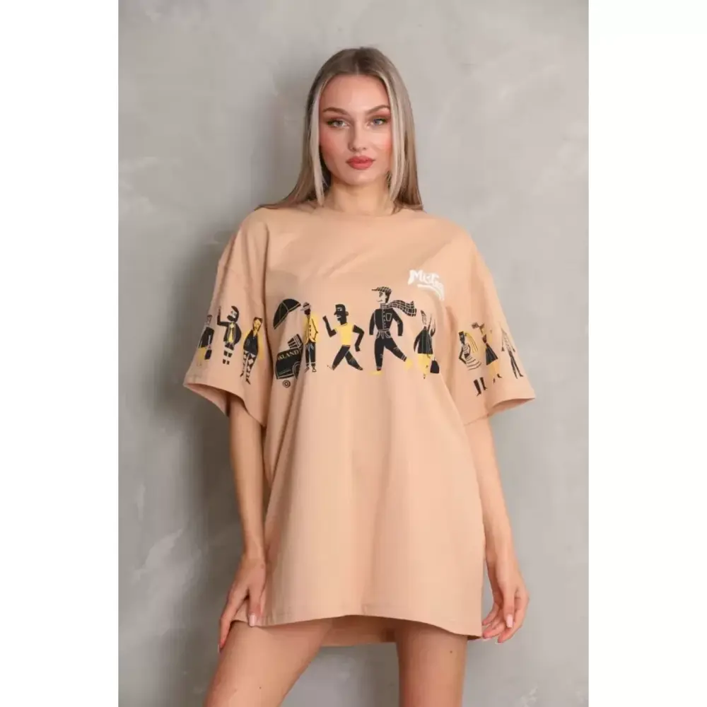 Lucky Life Unisex Bisiklet Yaka Baskılı Oversize T-Shirt - Bej