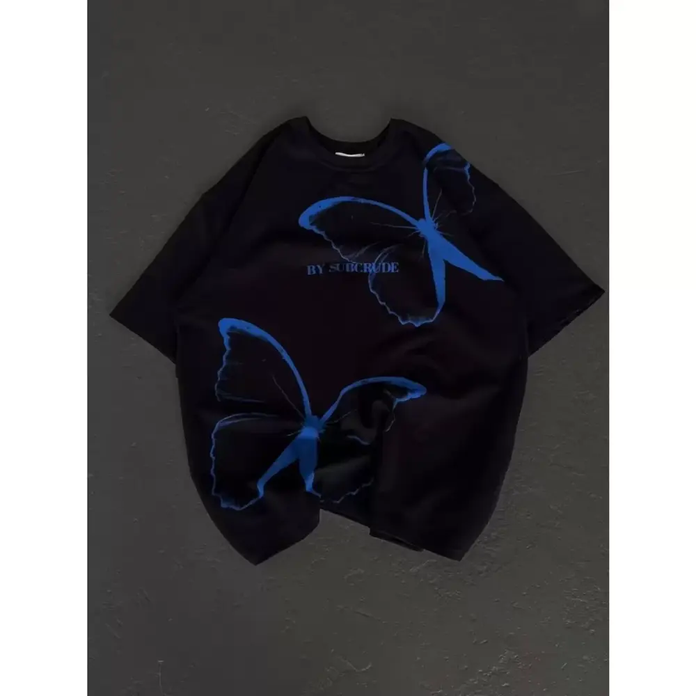 Lucky Life Unisex Bisiklet Yaka Baskılı Oversize T-Shirt - Siyah