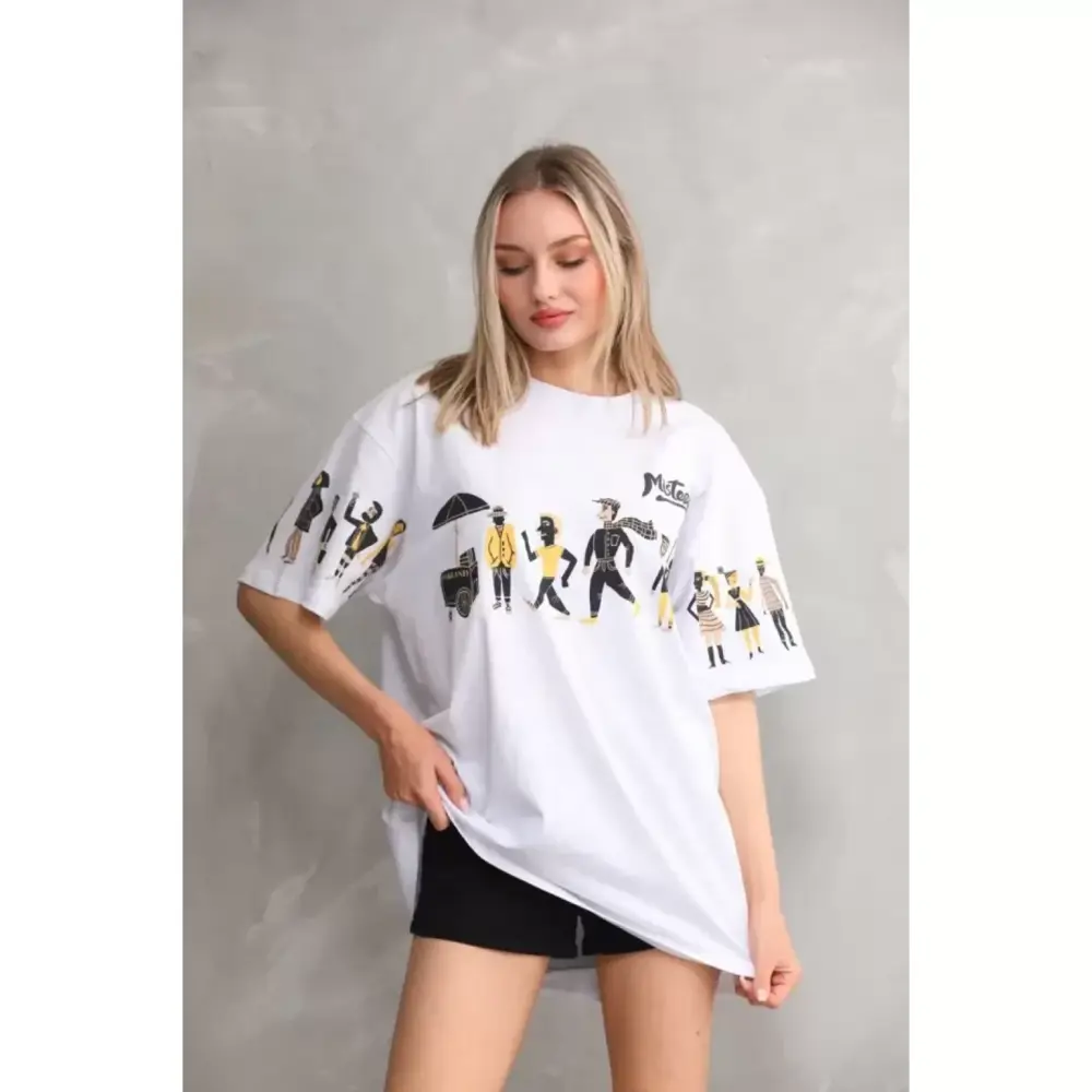 Lucky Life Unisex Bisiklet Yaka Baskılı Oversize T-Shirt - Beyaz