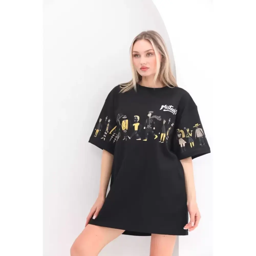 Lucky Life Unisex Bisiklet Yaka Baskılı Oversize T-Shirt - Siyah
