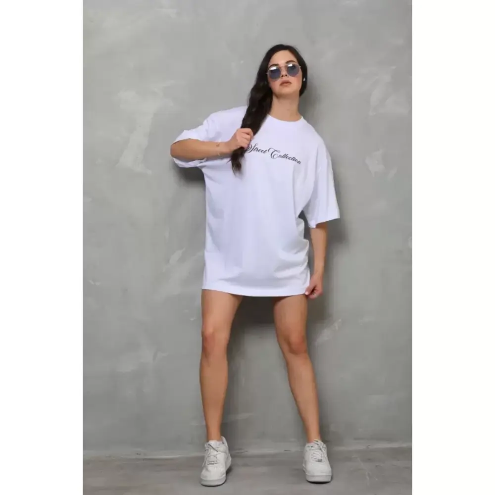 Lucky Life Unisex  Bisiklet Yaka Baskılı Oversize T-Shirt - Beyaz