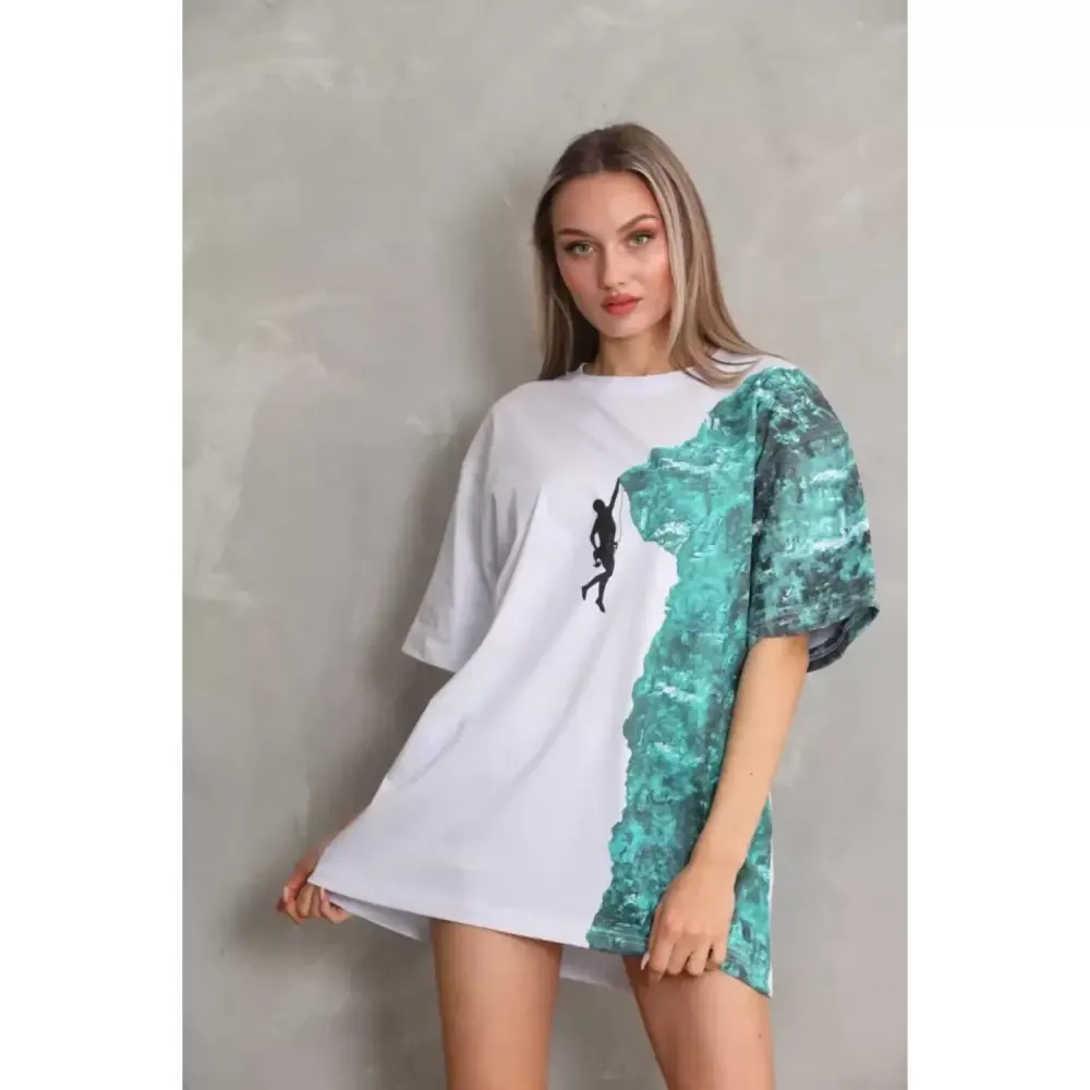 Lucky Life Unisex Bisiklet Yaka Baskılı Oversize T-Shirt - Beyaz