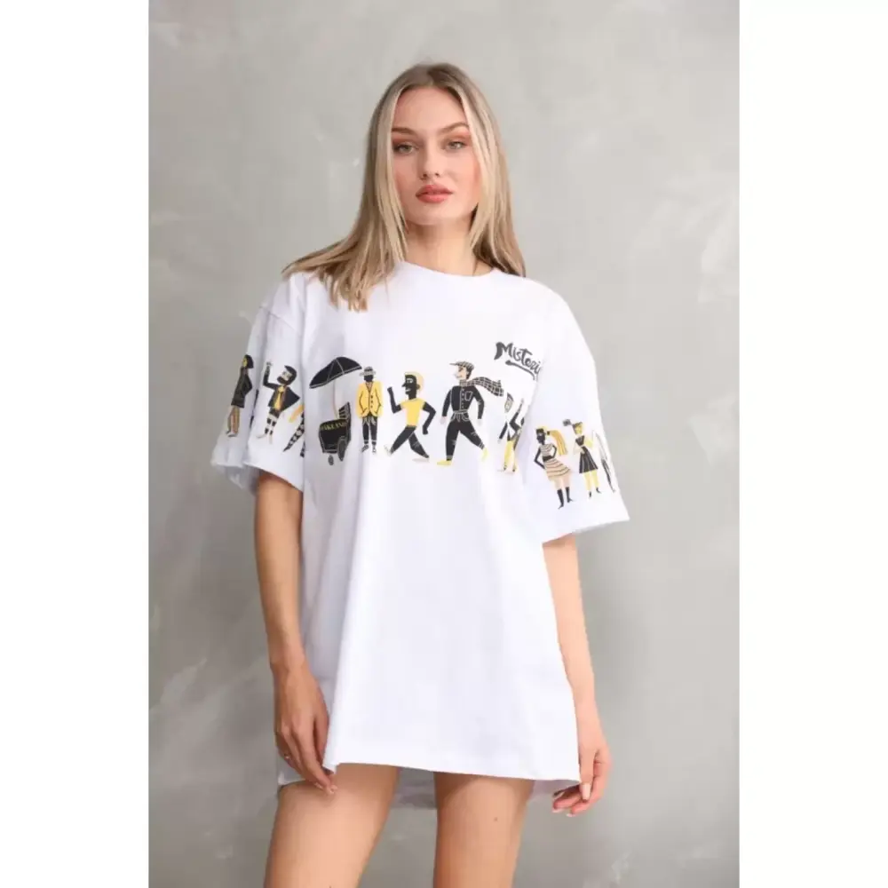 Lucky Life Unisex Bisiklet Yaka Baskılı Oversize T-Shirt - Beyaz