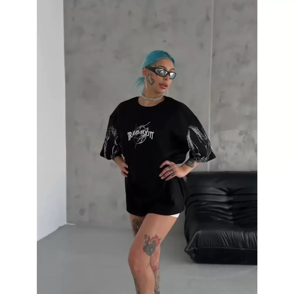 Lucky Life Unisex Bisiklet Yaka Baskılı Oversize T-Shirt - Siyah